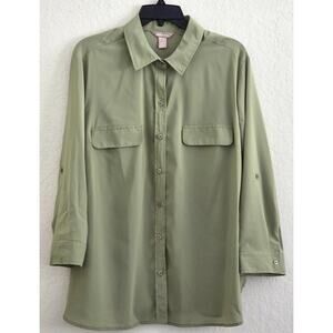 Top/Blouse-White Stag-Roll Tab Sleeves-Button Up-Collared-Olive Green-XL (16-18)